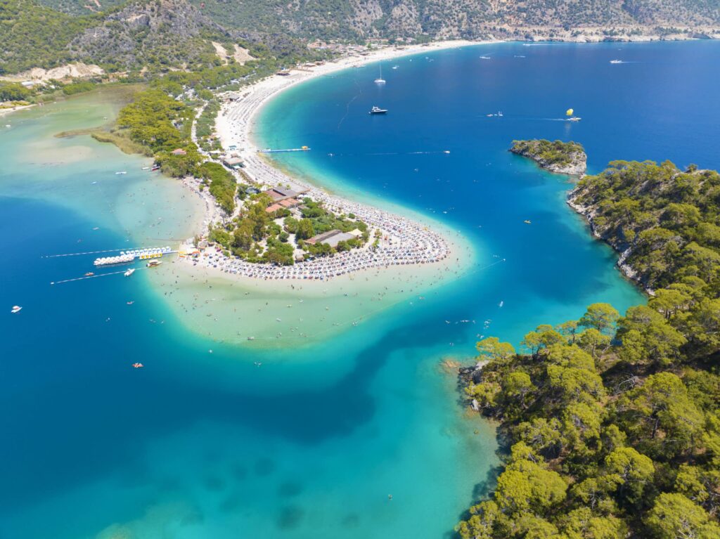 Aerial view of the turquoise Aegean coastline and coastal landscape in western Turkey