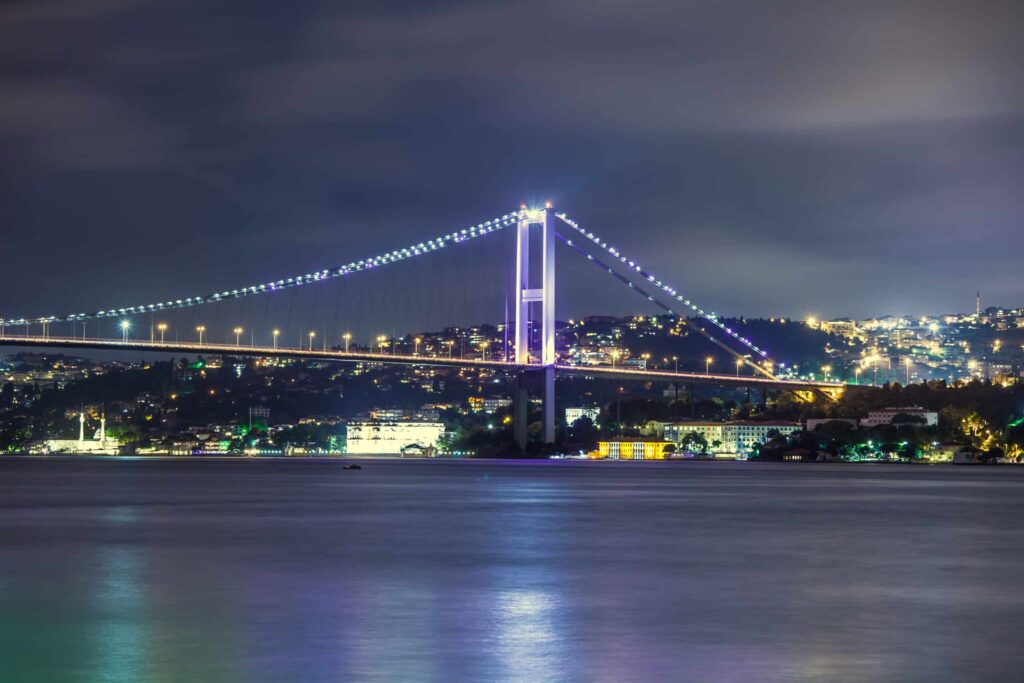 Evening view of the Bosphorus and illuminated bridge connecting the European and Asian sides of Istanbul