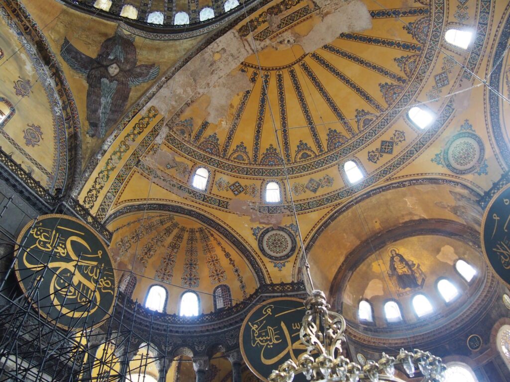 Interior architecture and historic details inside Hagia Sophia in Istanbul, Turkey