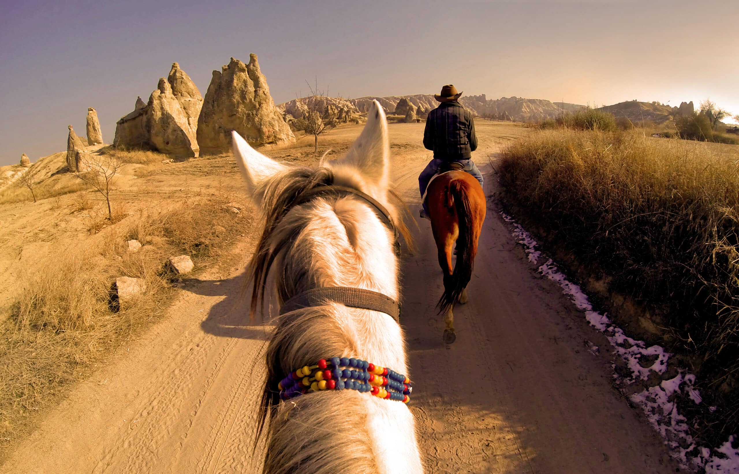 Horseback riding through the scenic valleys and rock formations of Cappadocia, Turkey