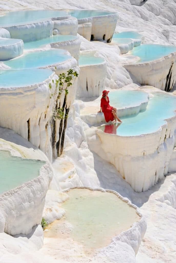 Thermal water terraces and mineral pools in Pamukkale near Laodicea, Turkey